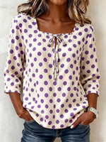 Women's Polka Dot Print Square Neck 3/4 Sleeve Casual Loose Cotton Linen Top