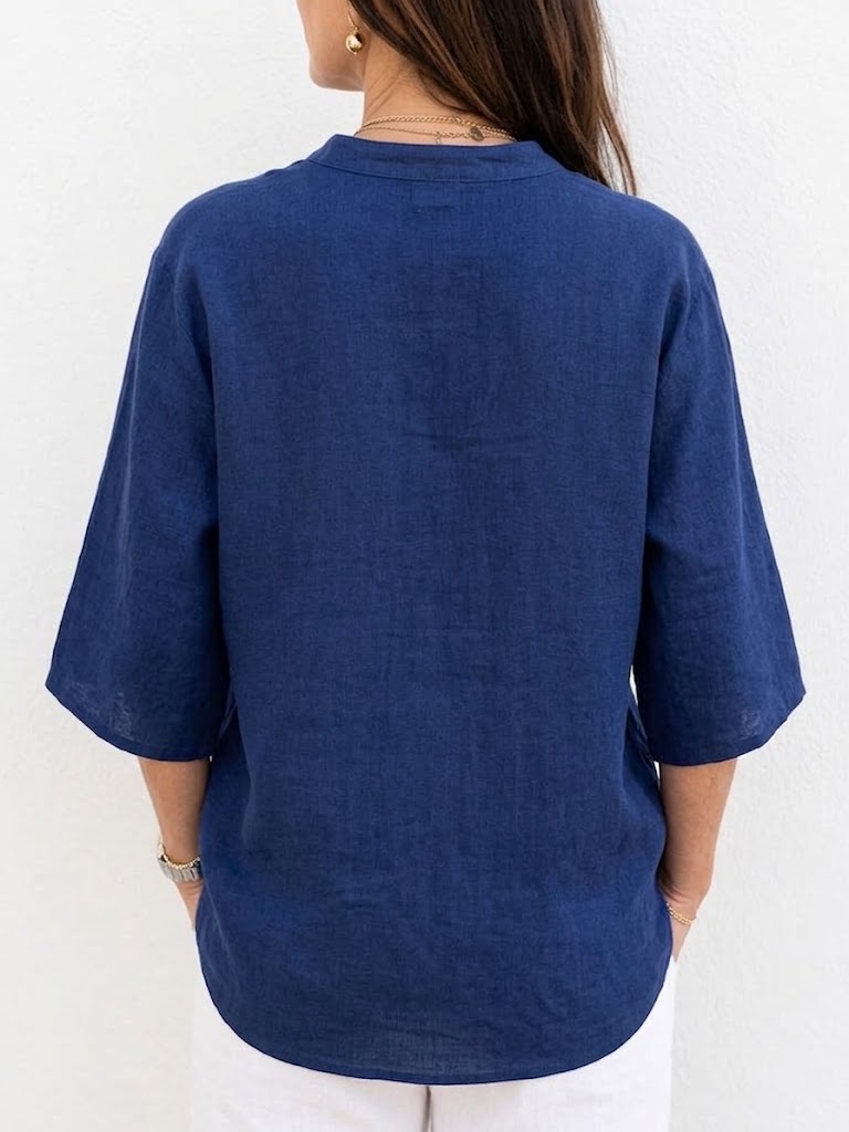 Stand Collar Half Placket Wooden Button Linen Blend Loose 3/4 Sleeve Blouse