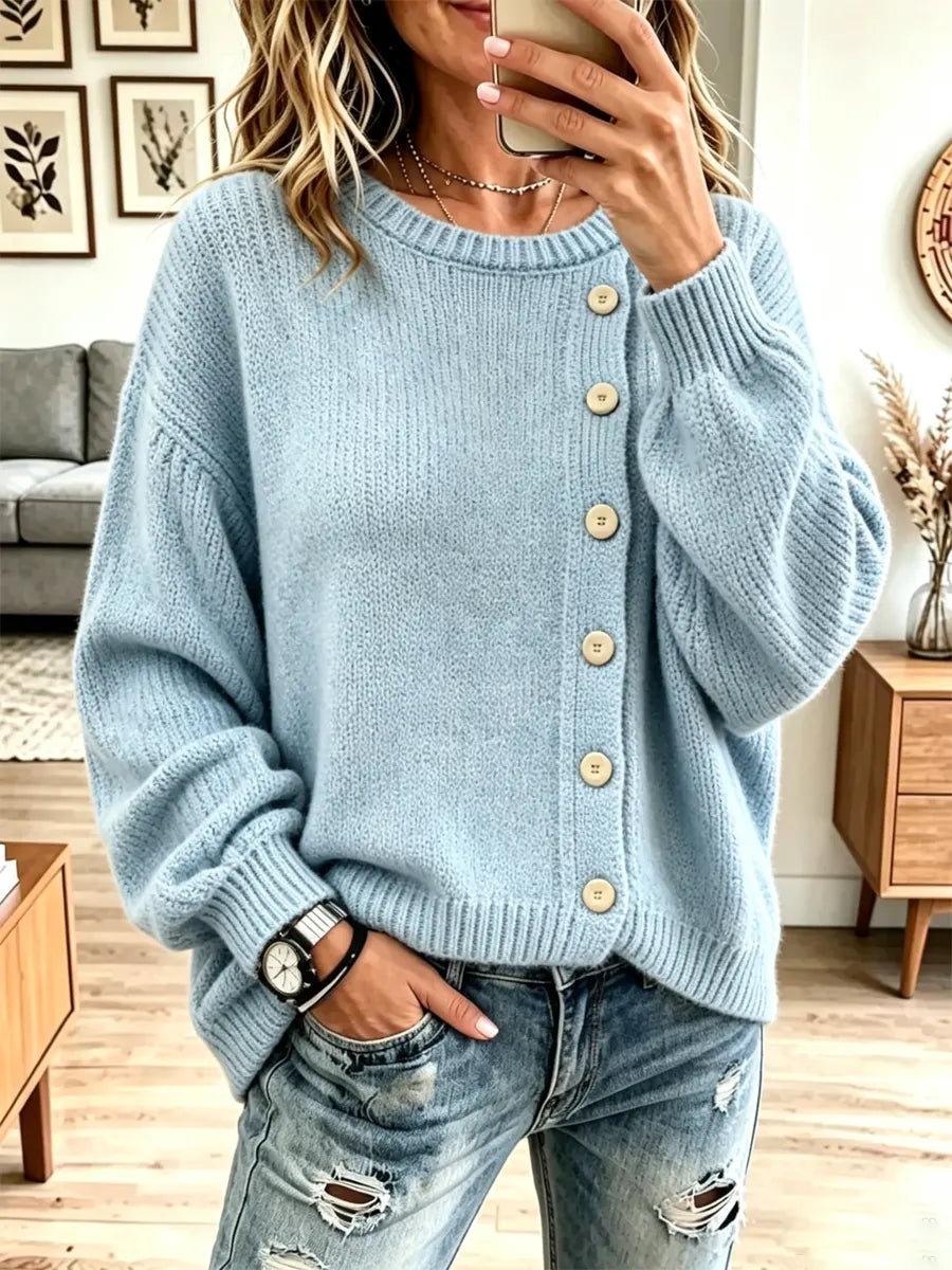 Vintage Button Round Collar Knit Art Casual Stylish Long Sleeve Sweater