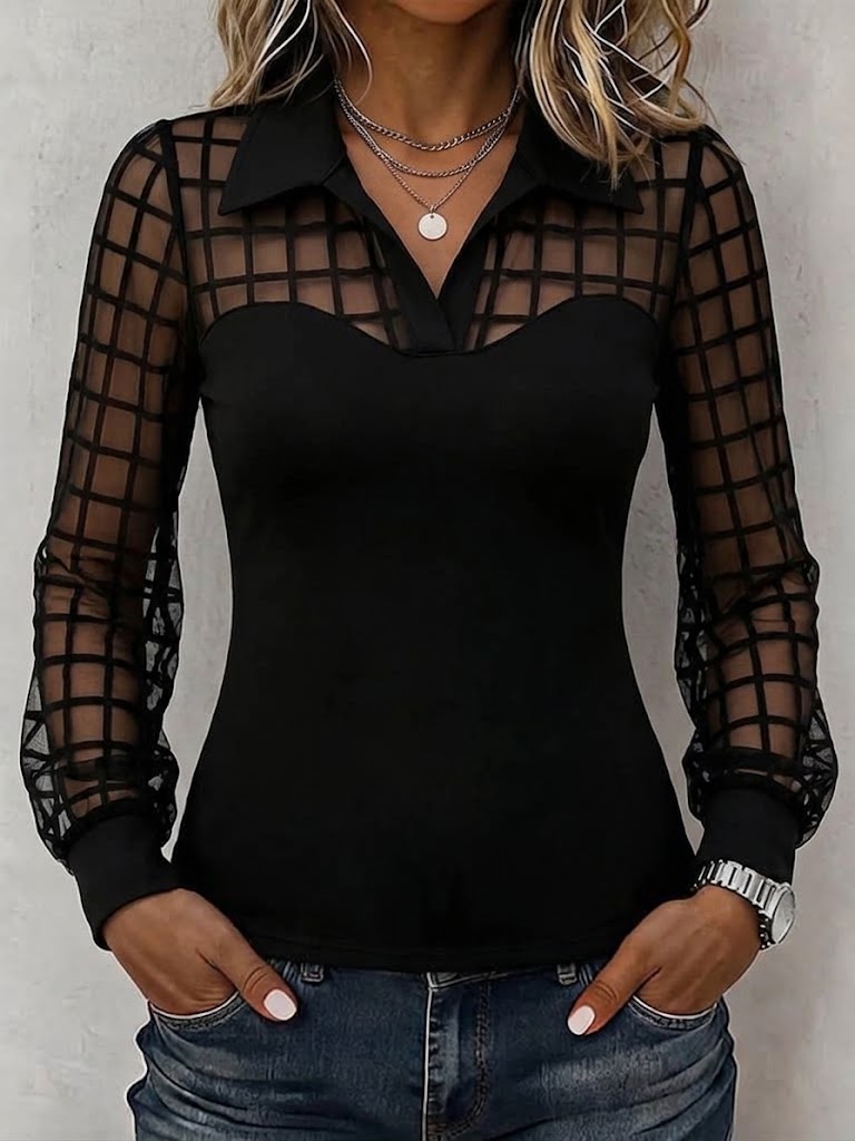 Grid Mesh Spliced Collared Fitted Long Sleeve Top