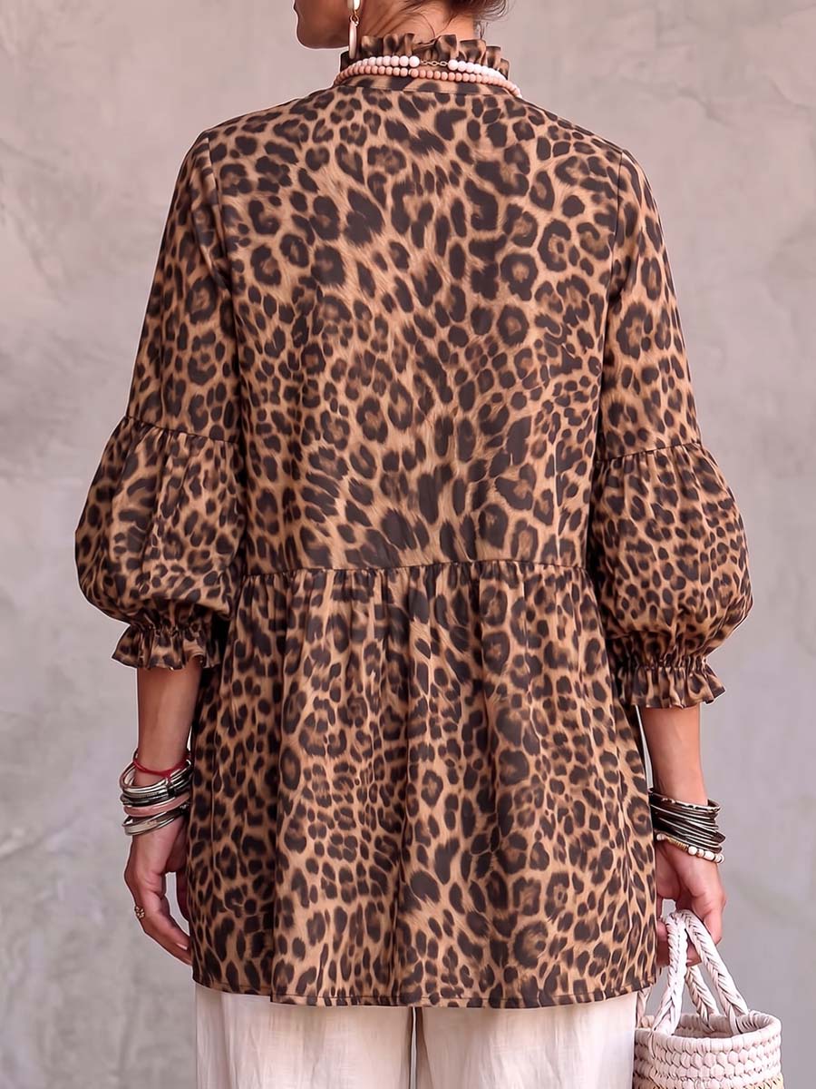 Women's Leopard Print Stand Collar 3/4 Sleeve Casual Loose Cotton Linen Top