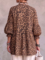Women's Leopard Print Stand Collar 3/4 Sleeve Casual Loose Cotton Linen Top