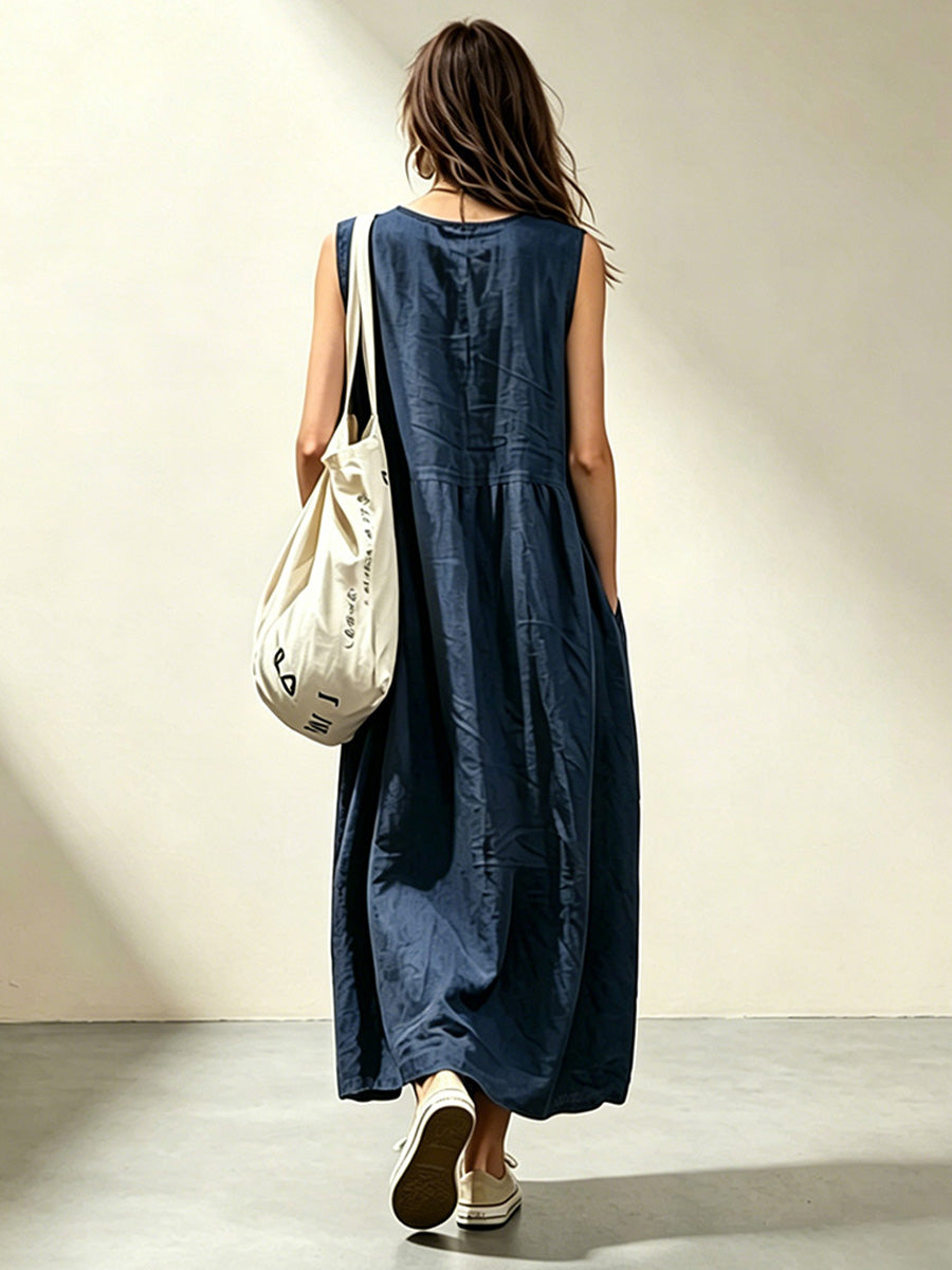 Loose-fit, Sleeveless Cotton-linen Dress With 3d Pockets