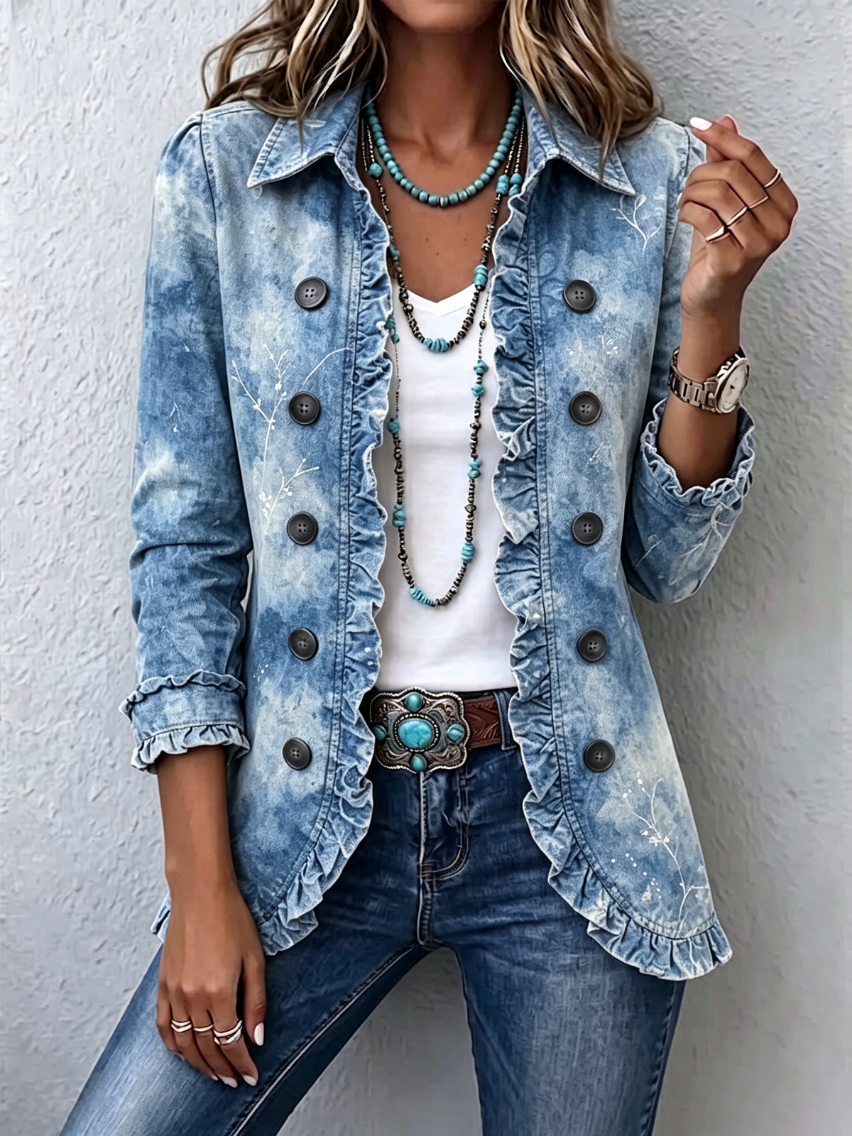 Boho-style Blue Gradient Vintage Botanical Print Ruffle-detail Jacket