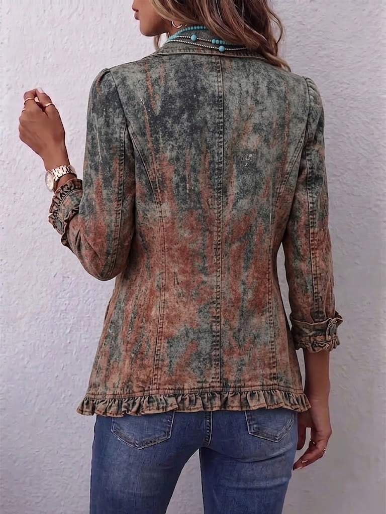 Boho-style Vintage Gradient Textured Print Ruffle Jacket