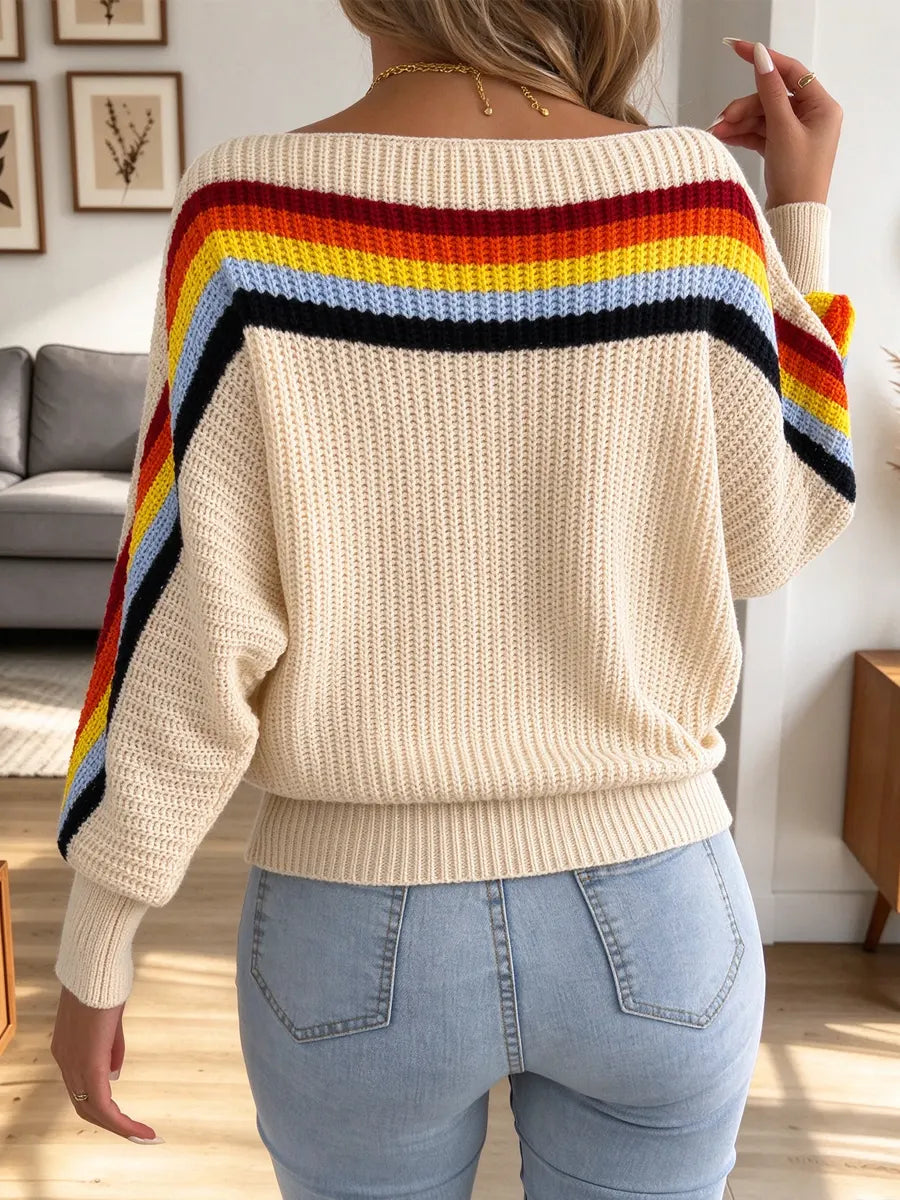 Vintage Chic Rainbow Stripe Art Knitted Casual Stylish Long Sleeve Sweater