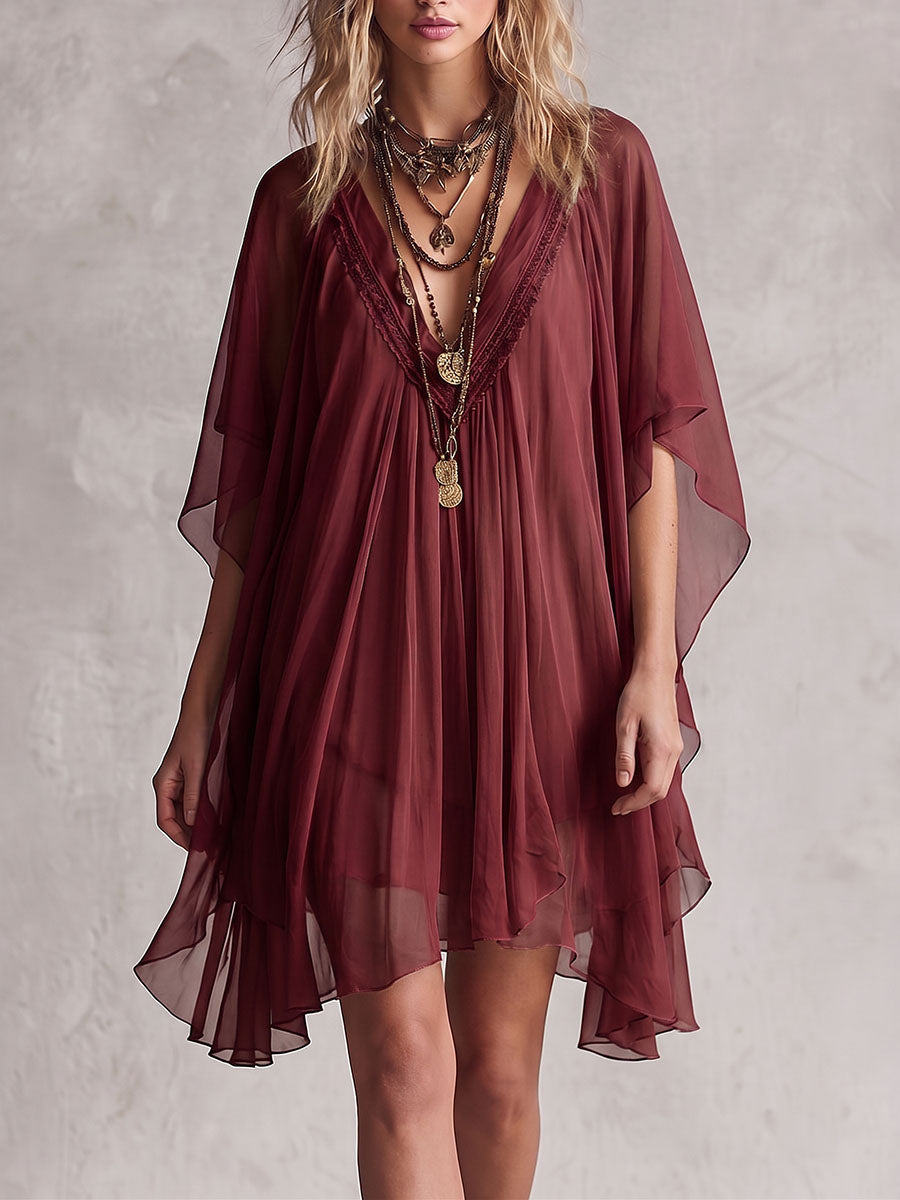 Women's Solid Color V-neck 3/4 Sleeve Casual Loose Chiffon Dress