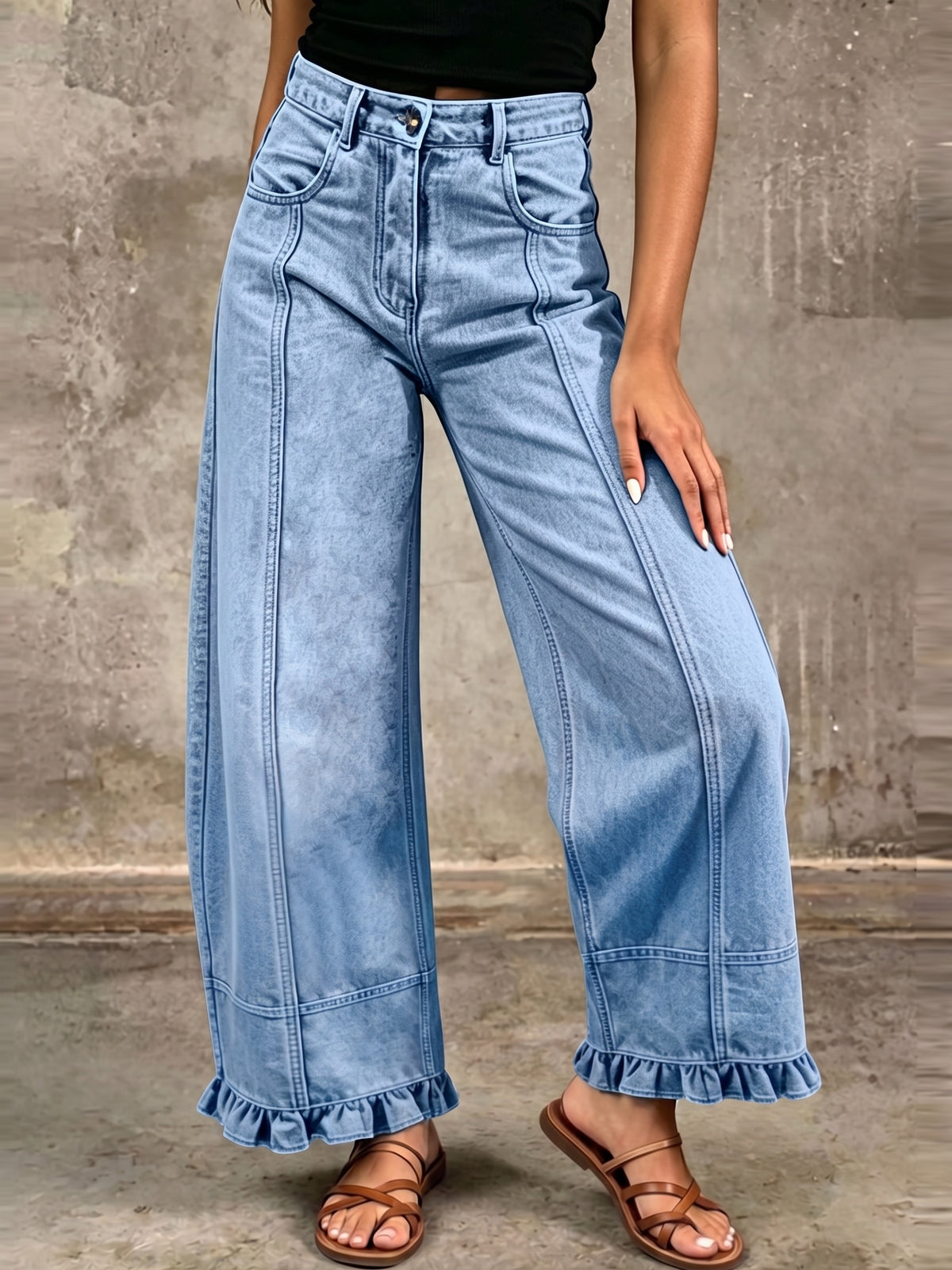 Vintage-Inspired Washed Denim Ruffled Wide-Leg Pants