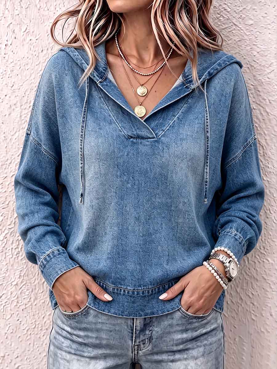 Women's V-neck Long-sleeved Casual Loose Hooded Denim Pullover