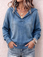 Women's V-neck Long-sleeved Casual Loose Hooded Denim Pullover