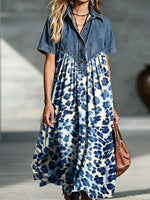 Denim Collar Blue Tie-dye Leopard Print Spliced Loose Short Sleeve Midi Dress