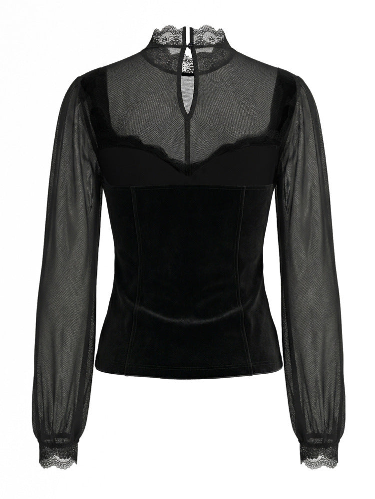 Vintage-style Bohemian Patchwork Lace And Stretch Velvet Top