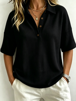 Waffle-knit Drop-shoulder Short-sleeve Polo Shirt With A Spread Collar And Half-button Placket