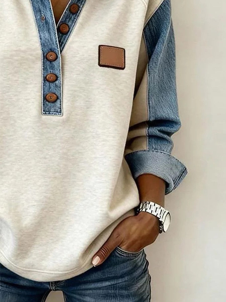 Women's Color-block Sweatshirt With Denim Collar