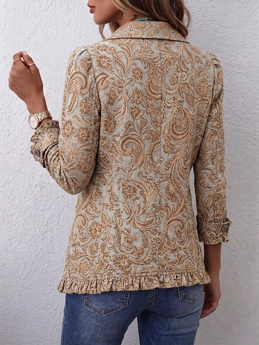 Vintage-style Bohemian Floral Print Ruffled Linen-cotton Jacket