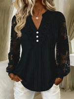 Romantic Mixed-Media Lace Blouse – Button-Front V-Neck & Sheer Crochet Sleeves