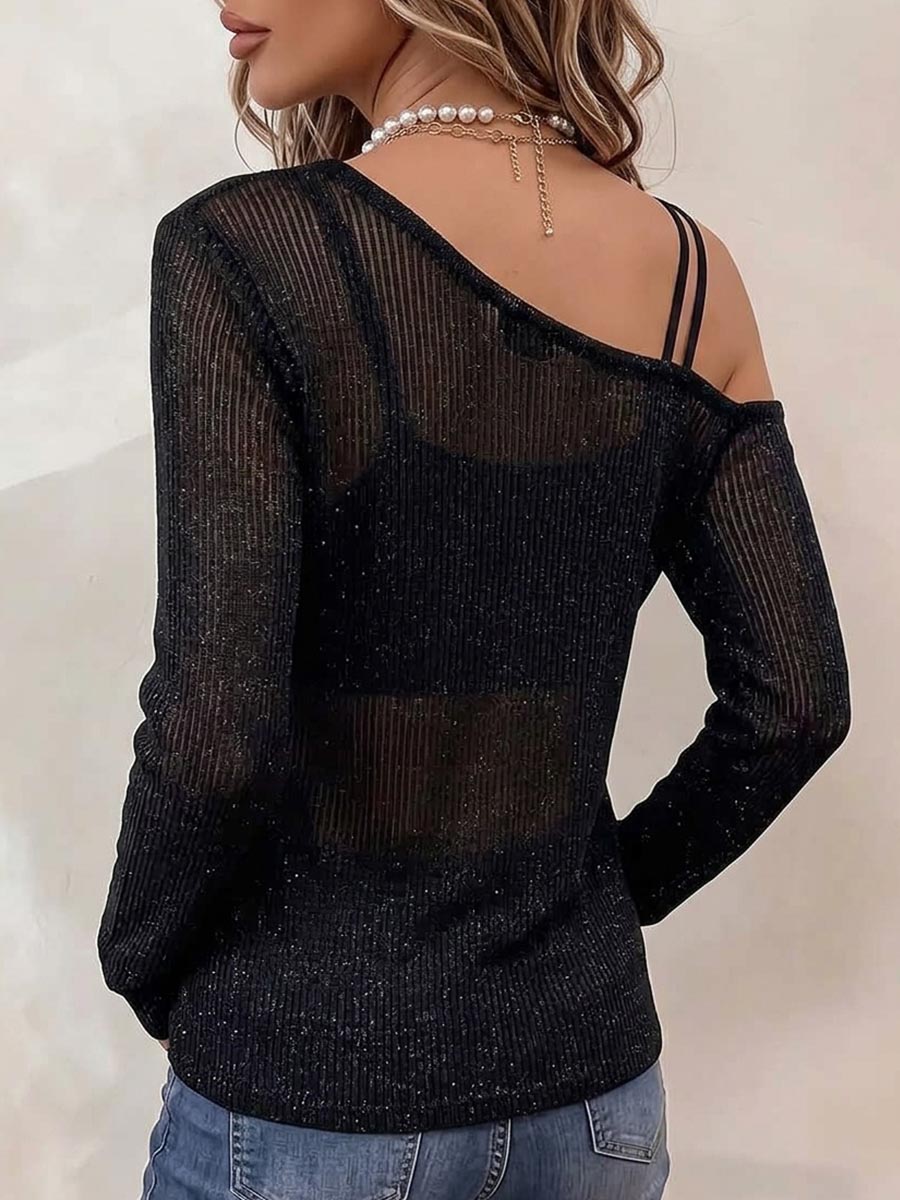Women's Solid Color Asymmetrical Off-shoulder Long-sleeve Knit Top With Double Straps (loose Fit)