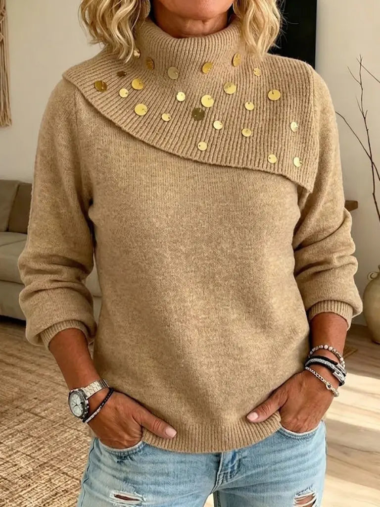 Asymmetrical Gold Sequin Collar Knit Sweater