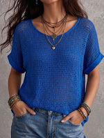 Round Neck Hollow Grid Roll Cuff Short Sleeve Knit Cover Up Top