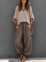 Casual & Cozy Two-piece Set: Waffle-knit Cotton Top And Cotton Cargo Pants