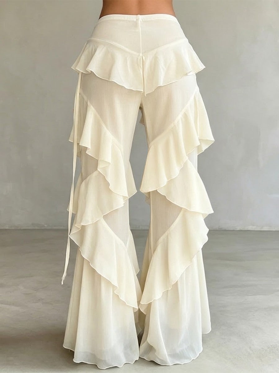 High-waisted Tencel Slight-flare Trousers With Side Lacing And Tiered Ruffles