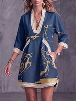 Women's Abstract Print V-neck 3/4 Sleeve Casual Loose Cotton Linen Dress