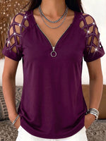 Women's Solid Color V-neck Short-sleeved Casual Loose Hollow-out Rhinestone Patchwork Top