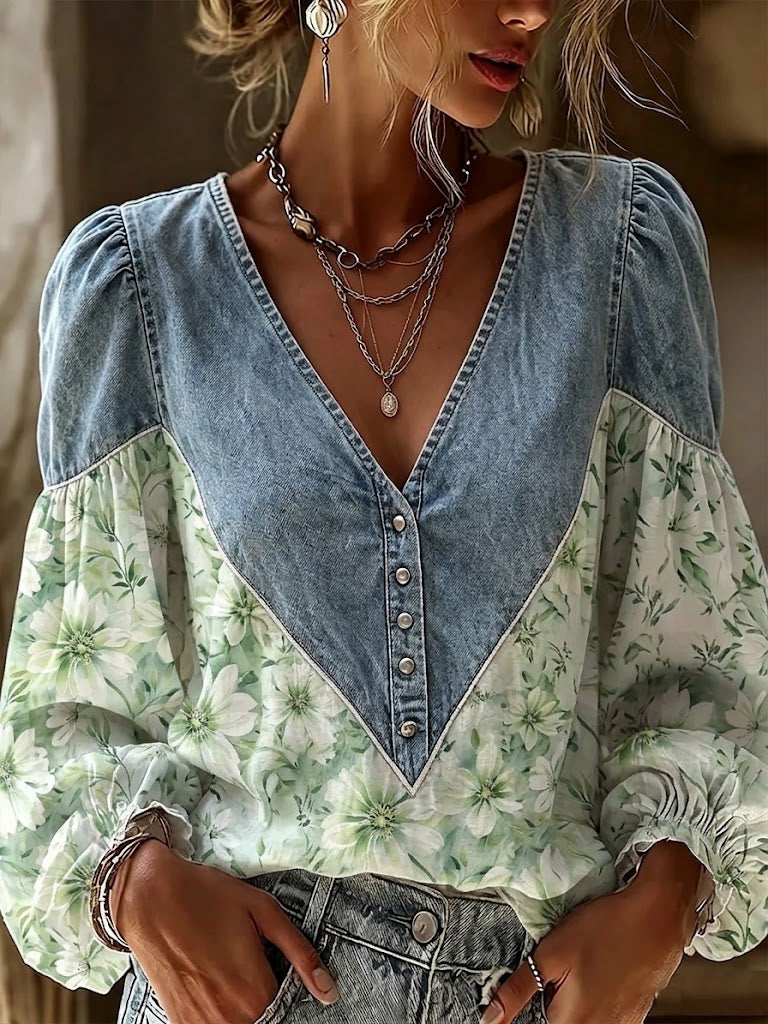 Boho-style Floral Patchwork Denim Shirt