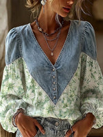 Boho-style Floral Patchwork Denim Shirt