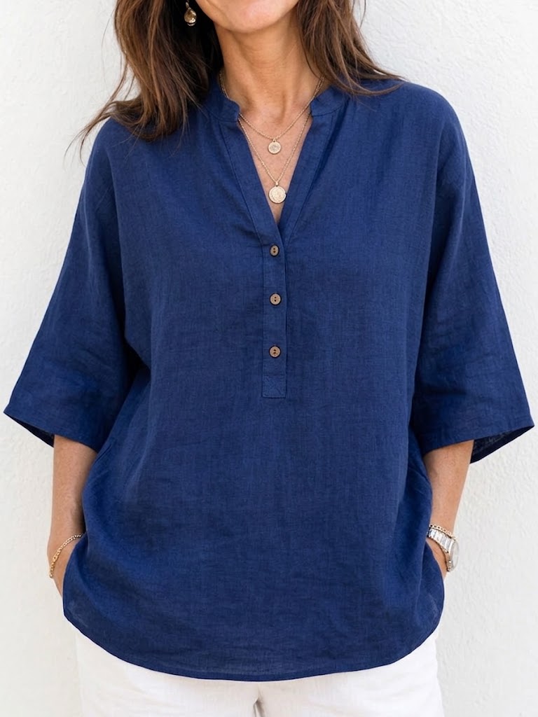 Stand Collar Half Placket Wooden Button Linen Blend Loose 3/4 Sleeve Blouse