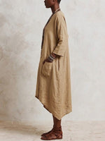 Casual V-neck Cotton-linen Dress With 3/4 Sleeves And An Asymmetrical Hem