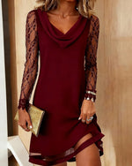 Elegant Cowl Neck Cotton-blend Dress With Lace Inserts