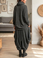 Women Cowl Neck Textured Knit Top & Harem Wide Leg Pants 2 Piece Outfit Set