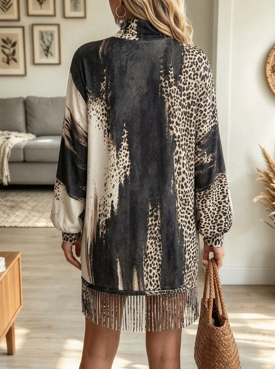 Women's Leopard Splash Print Fringe Hem Sweater Dress