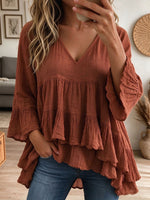 Women Blue Cotton Linen Tiered Ruffle Bell Sleeve Loose Babydoll Blouse
