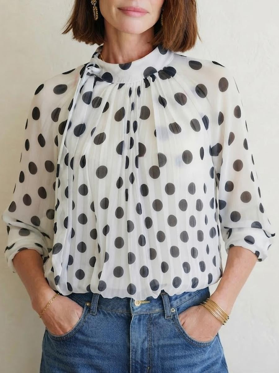 Elegant, Loose-fitting Women's Blouse Featuring Polka Dots, A Tie-neck, And Sheer Lantern Sleeves