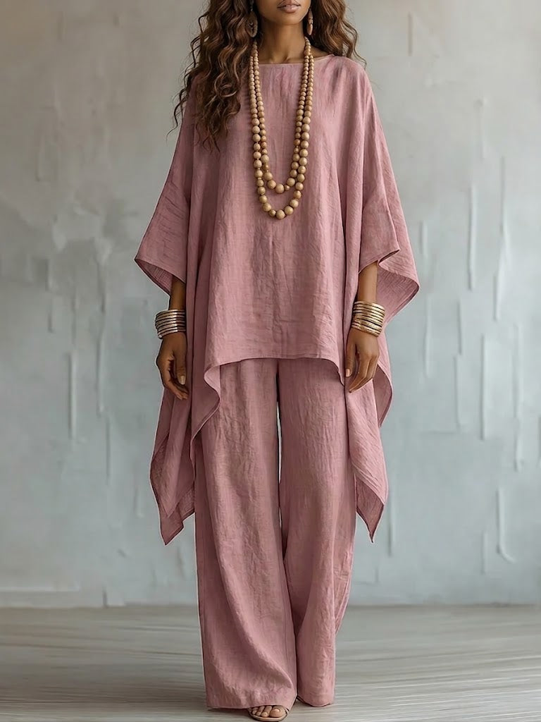 Loose-fit Casual Cotton-linen Blend Top And Trousers Two-piece Set