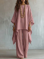 Loose-fit Casual Cotton-linen Blend Top And Trousers Two-piece Set