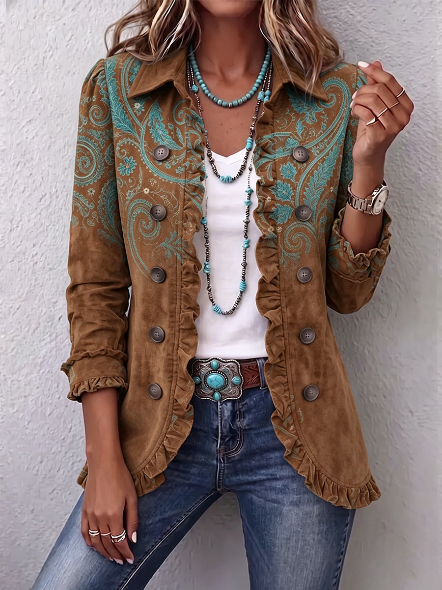 Western Pattern Print Linen Blend Ruffle Jacket
