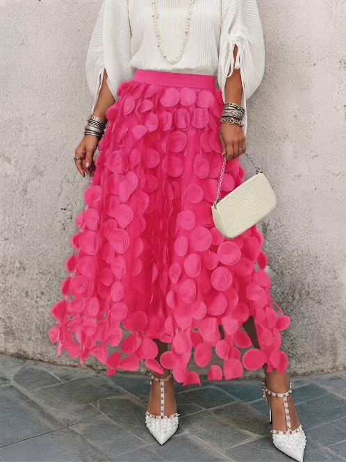 Lined Midi Skirt Featuring 3d Decorative Appliqués And Mesh Paneling