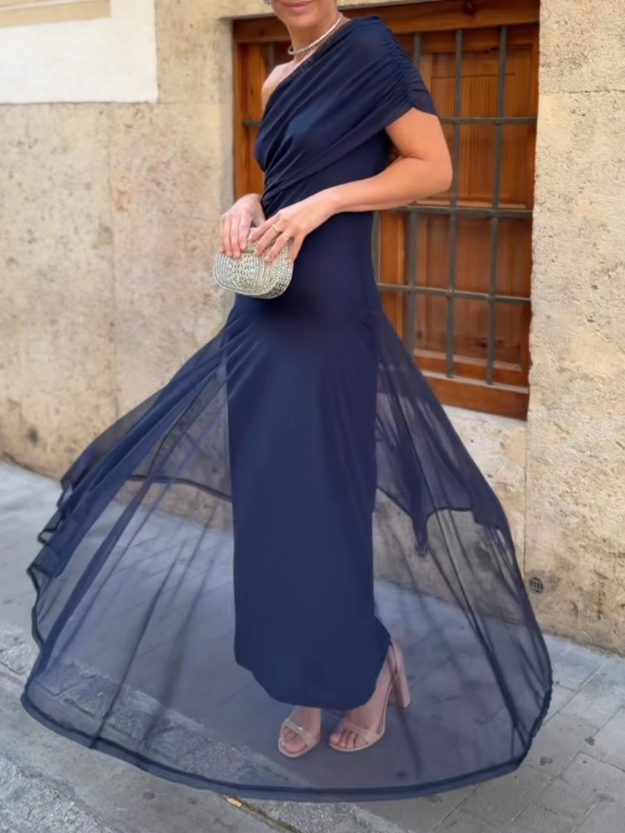 Elegant Stretch Mesh One-shoulder A-line Fitted Dress