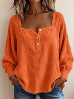 Cozy Chic Textured Orange Corduroy Square-neck Blouse