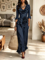 Women's 3D Floral Applique Ruffled Peplum Top and Pants Set