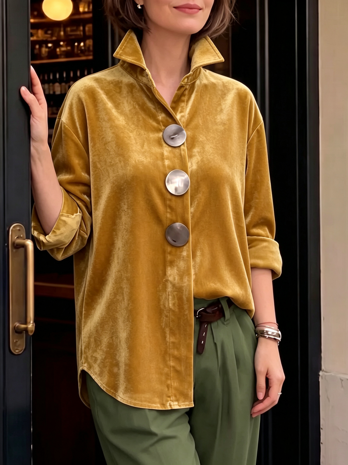 Retro Elegant Velvet Shirt With Metal Buttons