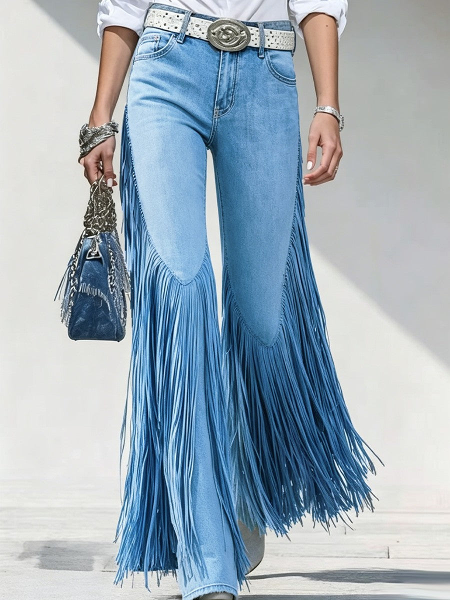 Irregular Denim Trousers With Spliced long-tassel Hem