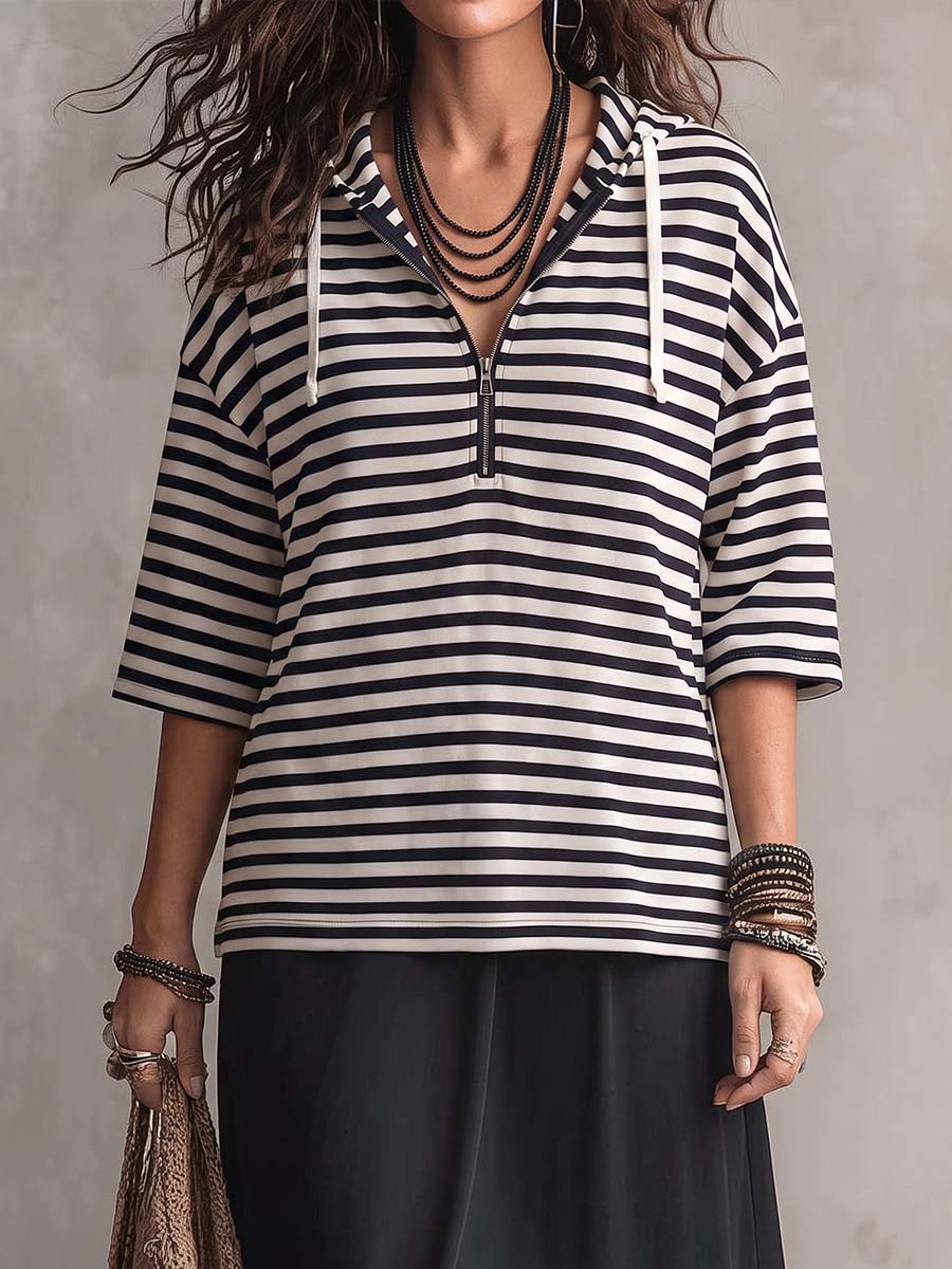 Women's Striped Printed Collared Hooded 3/4 Sleeve Casual Loose Cotton Pullover Top