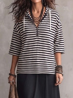 Women's Striped Printed Collared Hooded 3/4 Sleeve Casual Loose Cotton Pullover Top