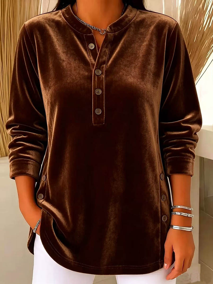 Women's Solid Color Henley Collar Long-sleeved Casual Loose Velvet Top
