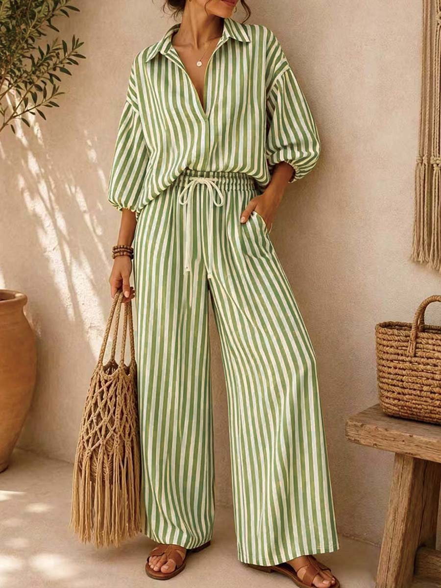 Women's Striped Print Casual Loose Top And High-waisted Wide-leg Pants Cotton Linen Set