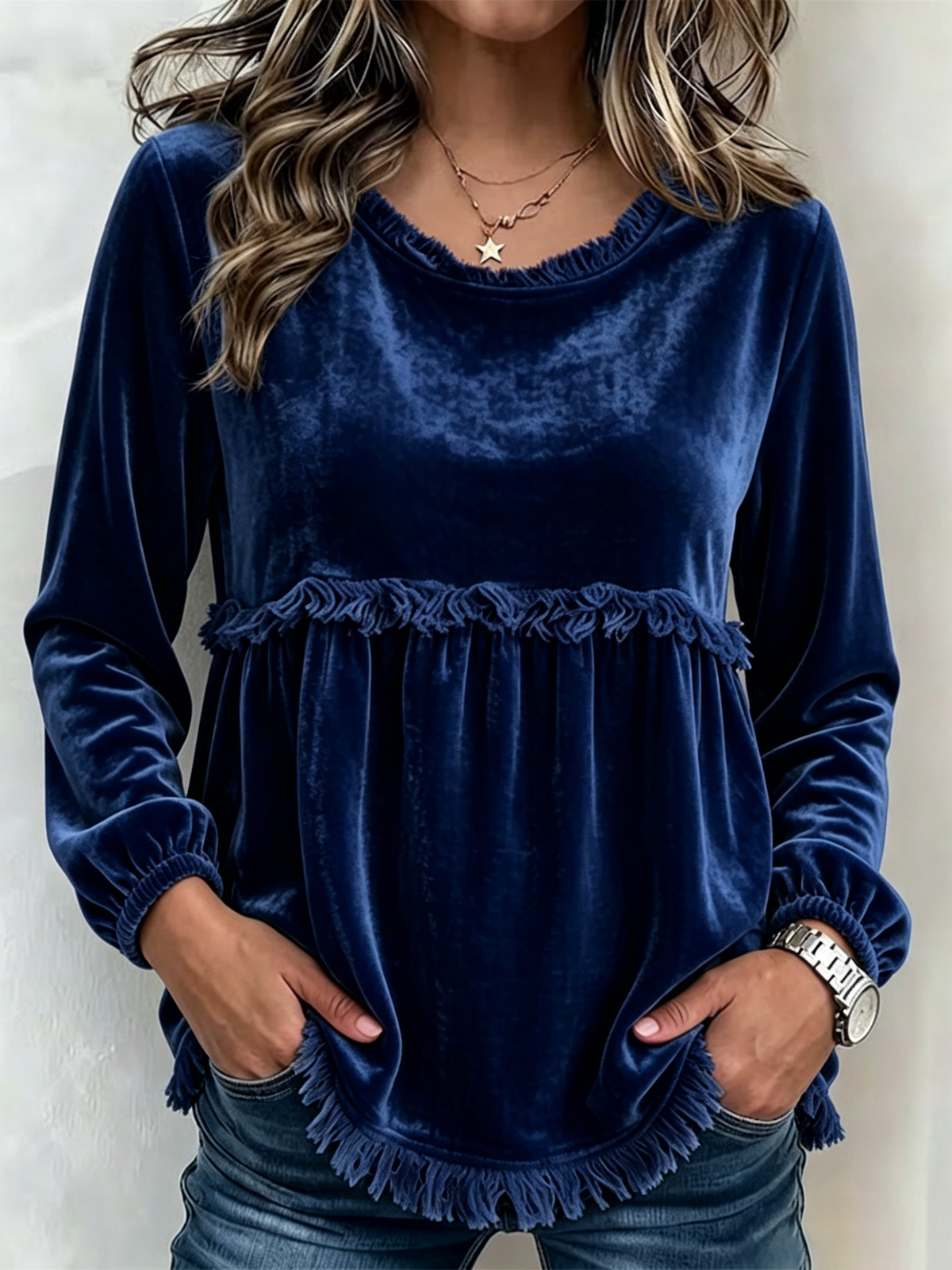 Round Neck Fringe Trim Spliced Velvet Lantern Long Sleeve Babydoll Top